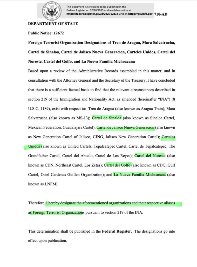 Cárteles mexicanos agregados oficialmente a la lista de organizaciones terroristas por EE. UU.